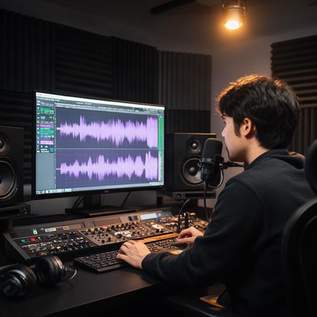 編集室で波形と音量を確認する音響エンジニア